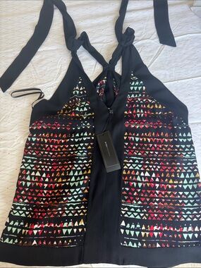 BCBG Black Halter Camisole with Mint, Red and Yellow Triangle Print